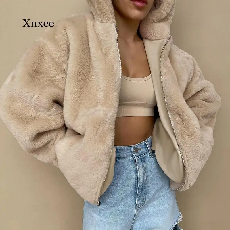 New Women's Fashion Autumn and Winter Lamb Wool Loose Coat Short Solid Color Zipper Hooded Long Thick Top