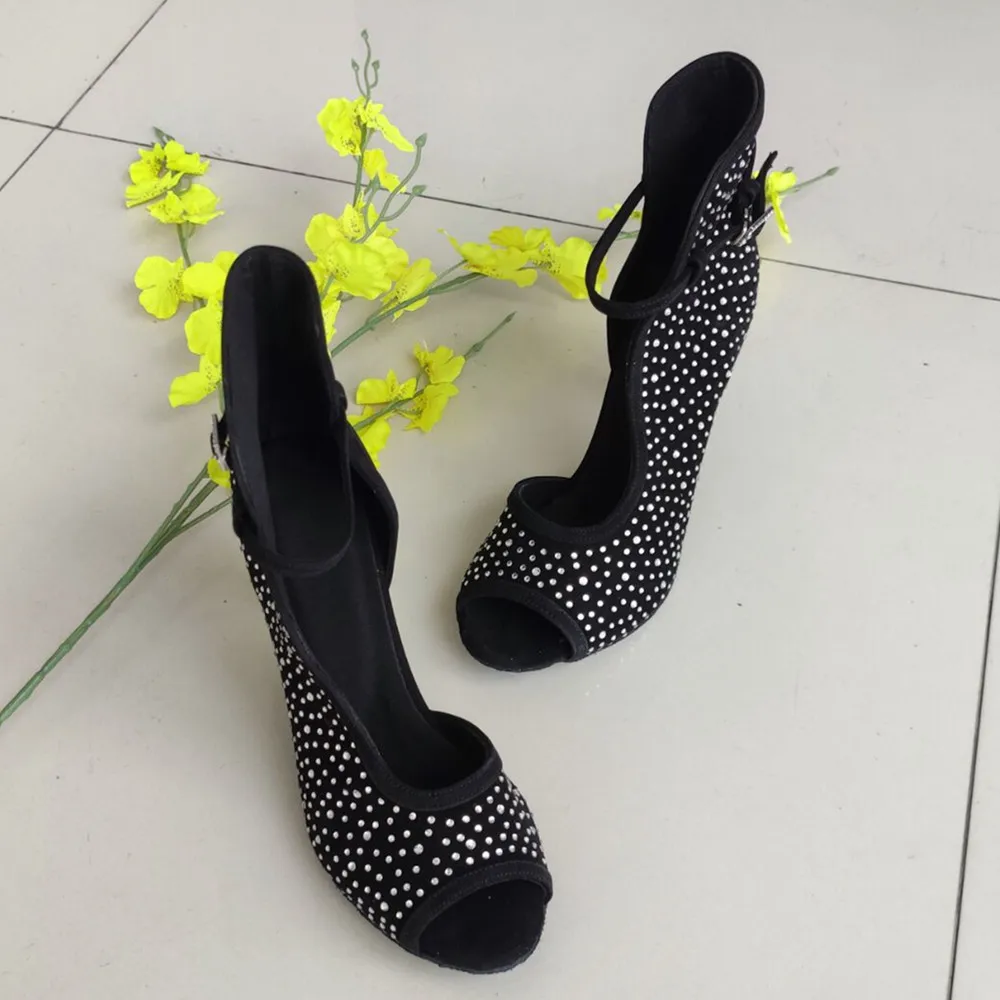 Customsize Practice Women Dance Boots Black Suede Rhinestone Latin Salsa Ballroom Latin Dance Shoes Boots 8.5cm Heel Height