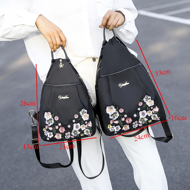 Casual Oxford Personality Backpack Women Anti Theft Shoulder Bag Flowers Embroidery School Bag For Teenage Girls Cute Chest Pack