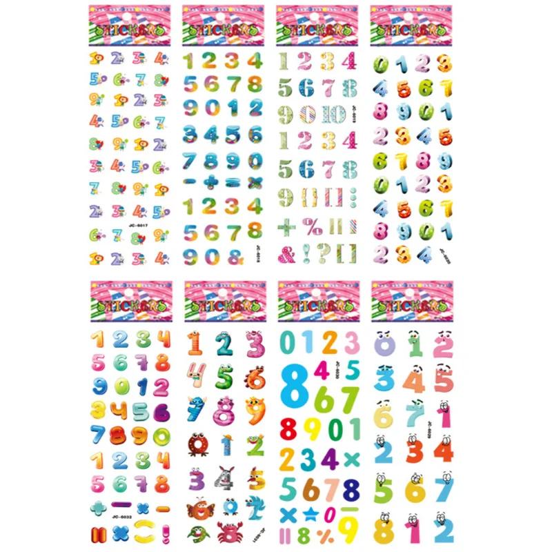 8 Sheets/Pack Numbers and Letters Kids Cute Stickers 3D Bubble PVC Early Learning Educational Toys Cartoon DIY Sticker