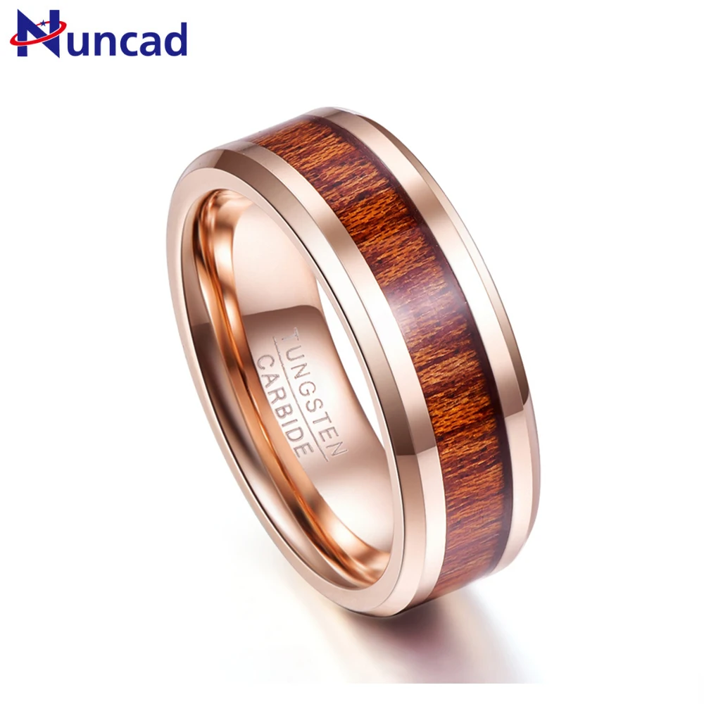 NUNCAD 8mmTungsten Carbide Ring Hawaiian Koa Wood Inlay Tungsten Ring Beveled Edge Wedding Band Men's Ring Comfort Fit Size 7-12