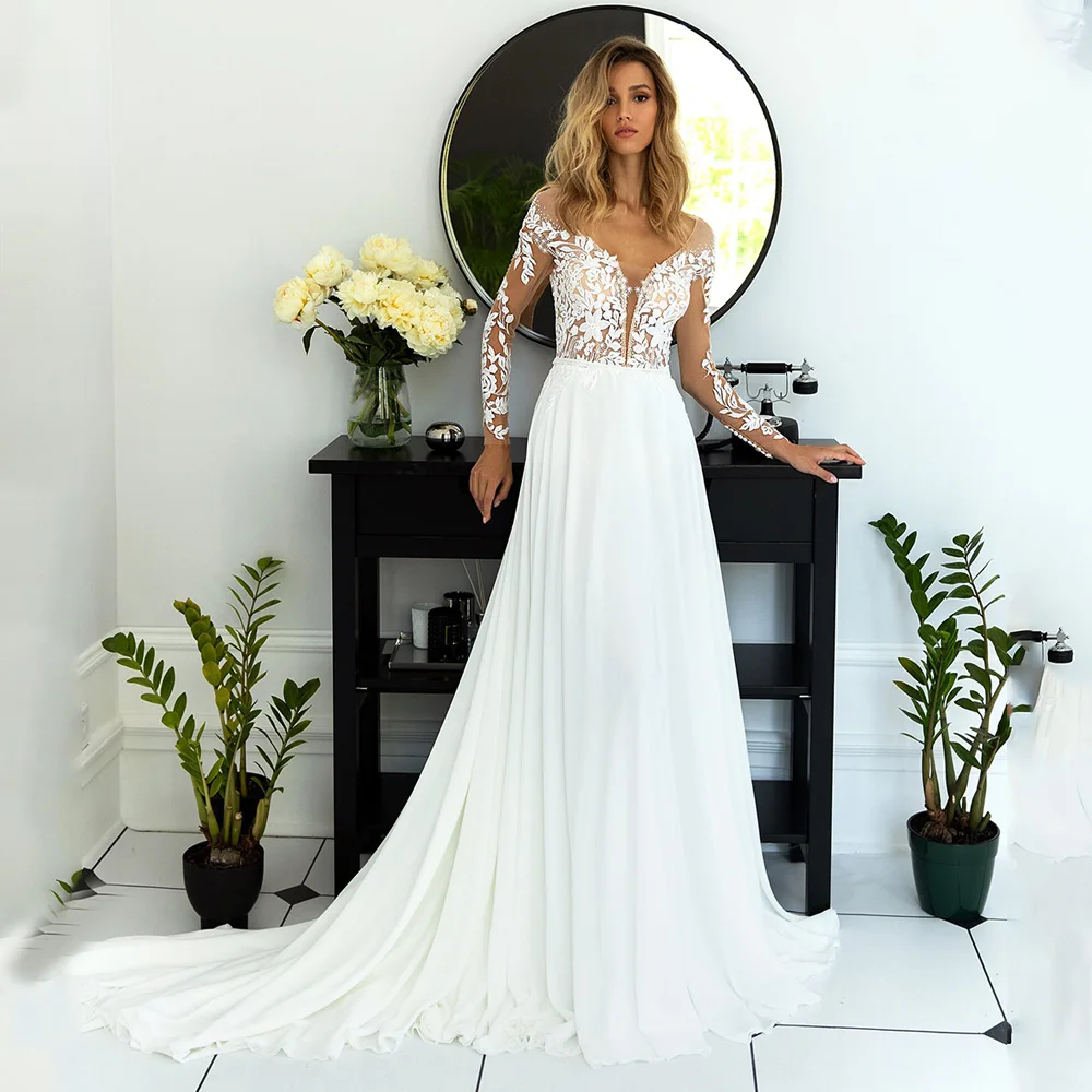 Boho V-Ausschnitt Brautkleid eine Linie Chiffon Brautkleid lange Ärmel rücken freie Robe de Mariee Illusion Applikationen Sweep Zug