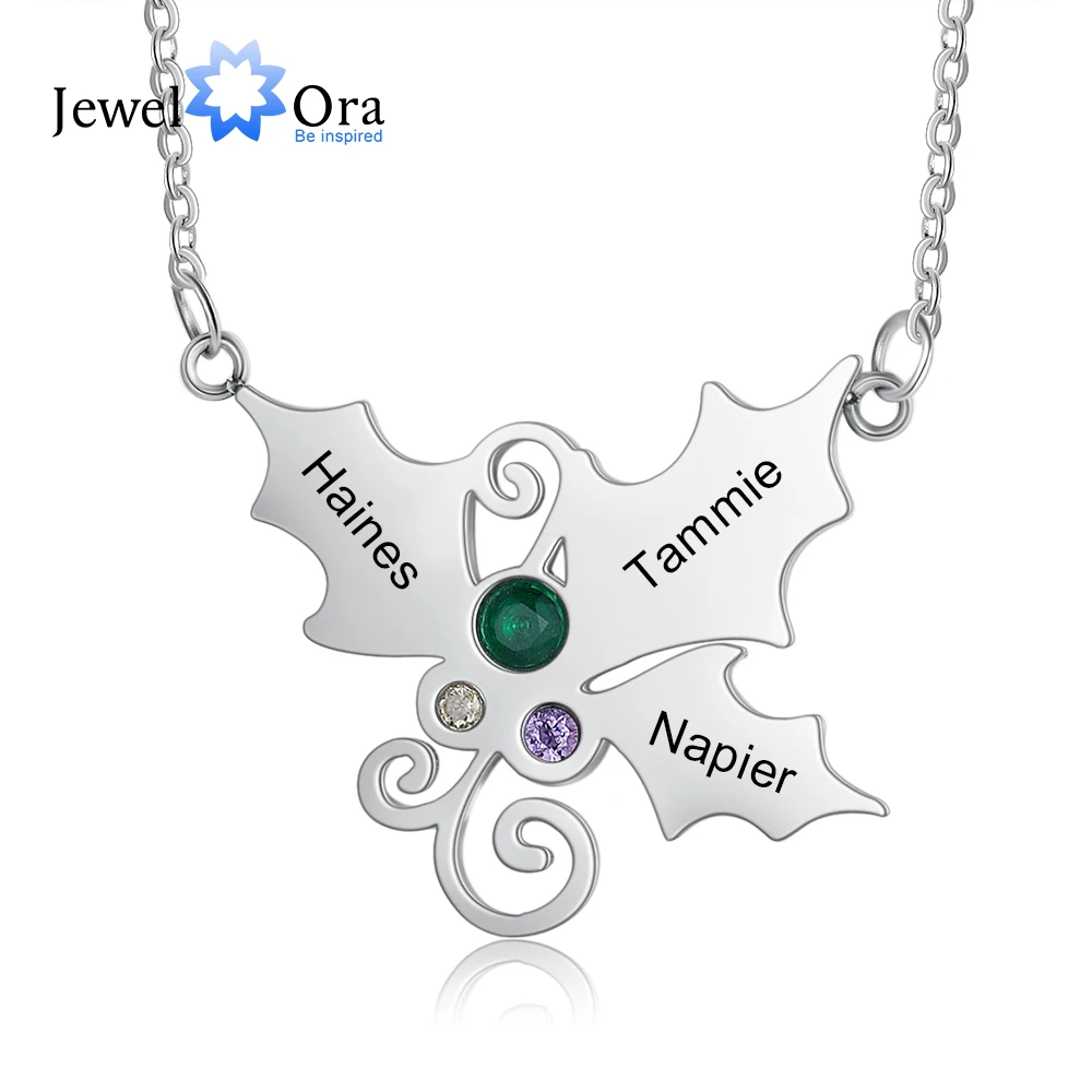 JewelOra Personalized Mistletoe Christmas Pendant for Women Customized Birthstone & Name Engraved Necklace Xmas Gifts for Mother