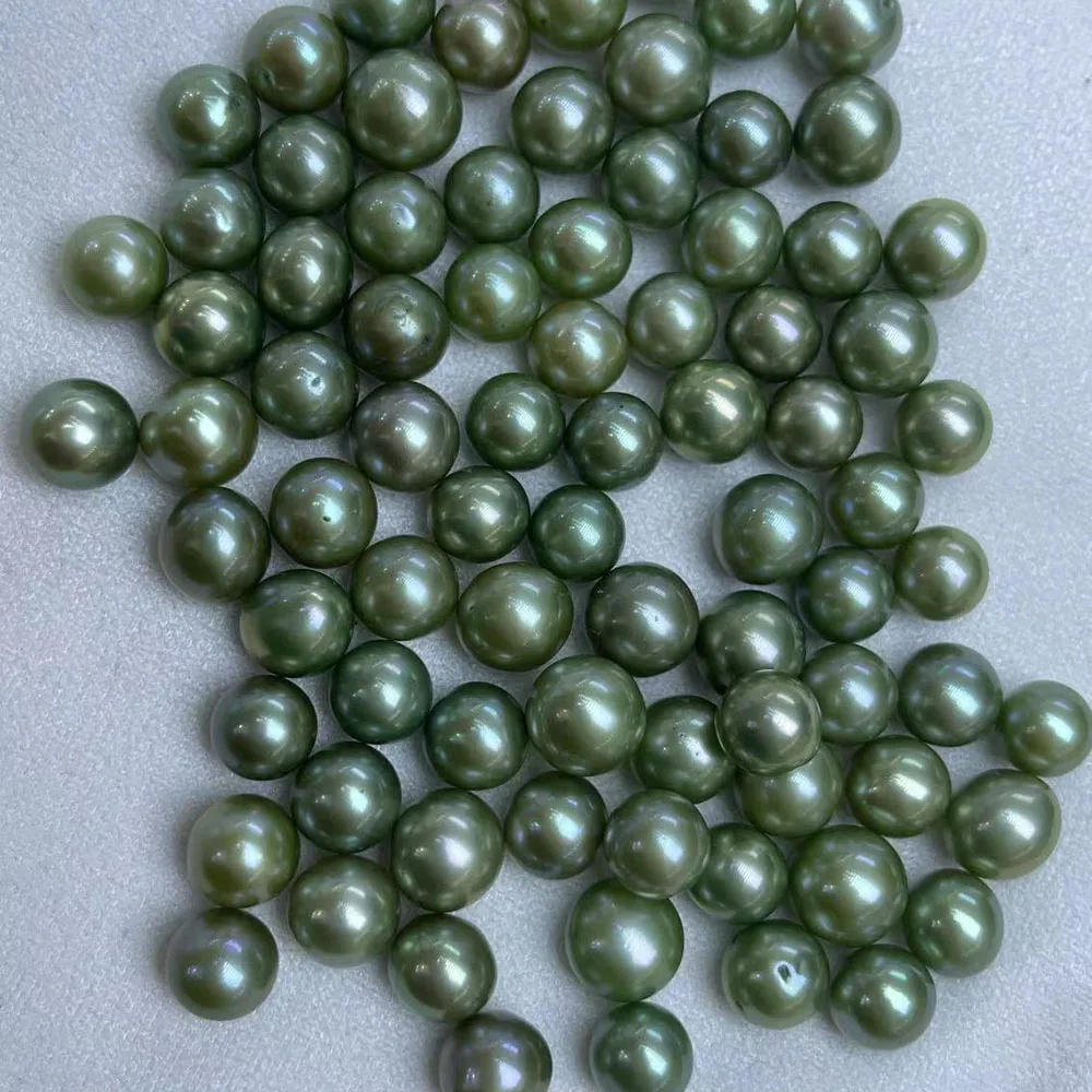 DIY PEARL BEADS,5 PCS/LOT,9-10 mm good luster olive green round pearl,100% Freshwater loose pearl,half or no hole