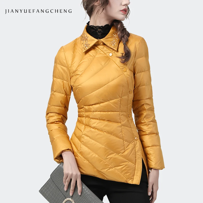 Chinese Style Womens White Duck Down Jacket 2021 Winter New Fashion Embroidered Puffer Coat Asymmetrical Warm Slim Full Coverage