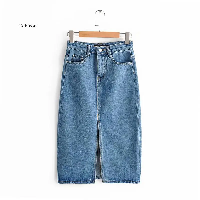 Sexy Denim Skirts Women 2021 Fashion Split Mid Calf Length Skirts Vintage Pocket Blue Saia Ladies High Waist Midi Skirt