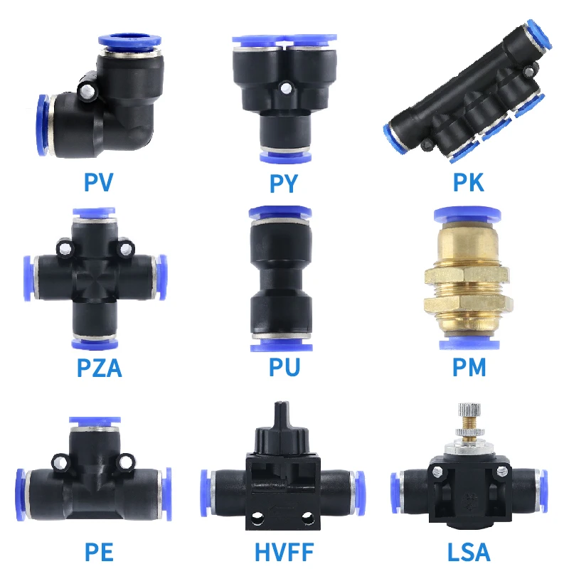 I/T/Y/L/Straight Type Pneumatic Push In Fittings For Air/Water Hose and Tube Connector 4 to 16mm LSA/PY/PV/PE/PM/PZA/PK/HVFF/PU