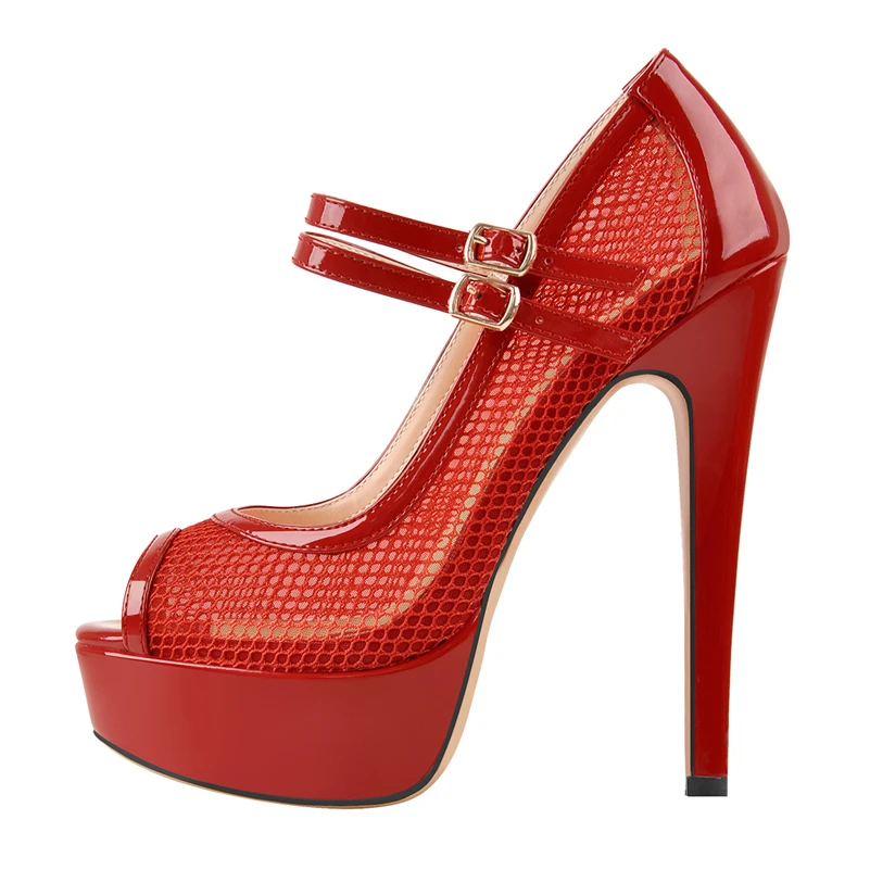 Onlymaker Women Peep Toe High Heels Sexy Slim Heel Mesh Dress Stilettos Buckle Straps Platform Pumps