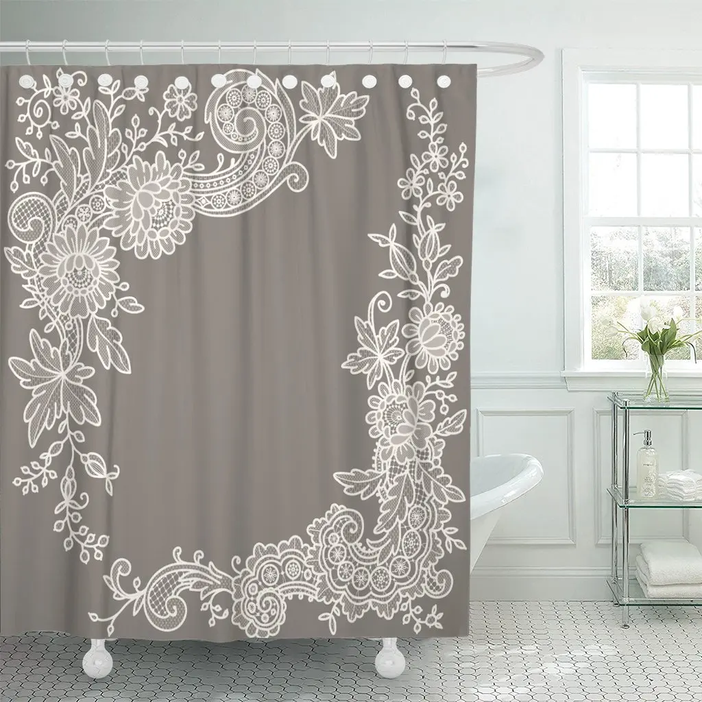 Filigree Cream Colored Lace Corners Floral Pattern Antique Baroque Shower Curtain Waterproof Polyester Fabric 60 x 72 inches Set