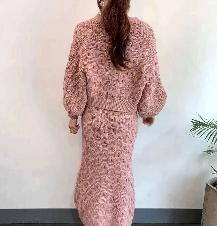 JSXDHK Elegant Winter Texture Jacquard Knitted 2 Piece Set Women Lantern Sleeve Pink Cardigan + Long Spaghetti Strap Dress Suits