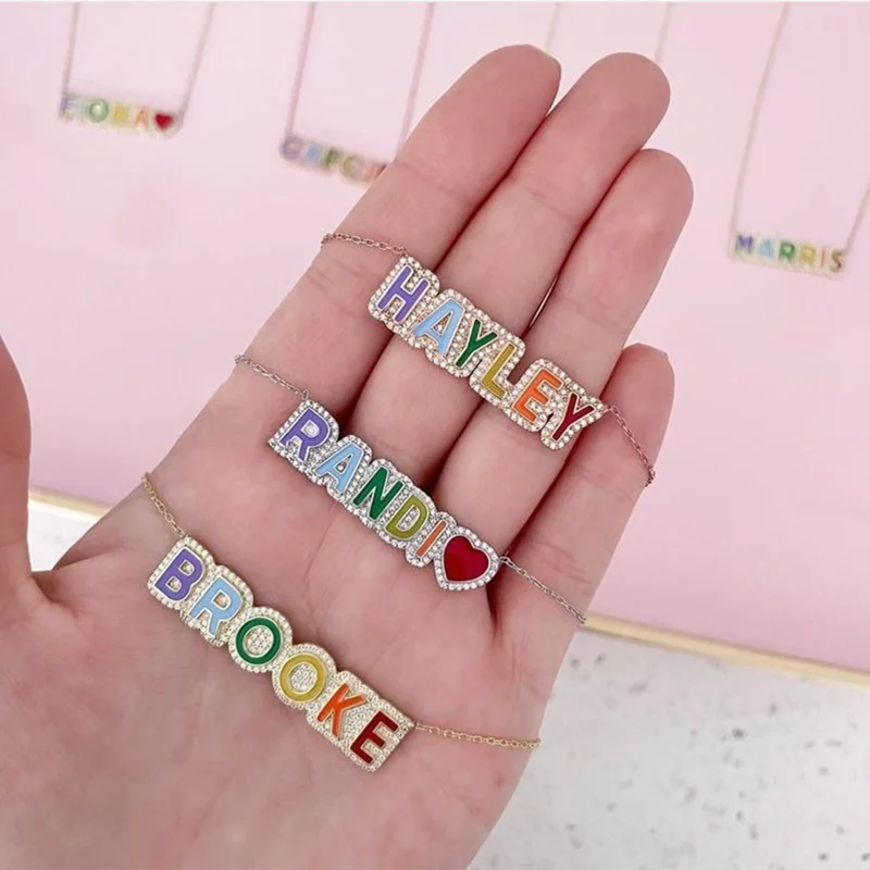 DUOYING Rainbow Pave Outline Enamel Necklace Personlized Custom Enamel Name Necklace Colorful Enamel Nameplate Pendant Jewelry