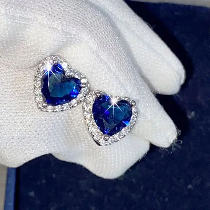 Stud Earrings For Women Heart Blue Cubic Zirconia Ornaments Luxury Bridal Wedding Trendy Jewelry Fashion Accessories CCE663