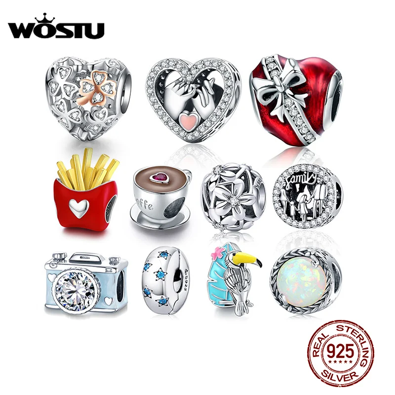 WOSTU Hot Sale 925 SSterling Silver Family Heart Coffee Charms Bead for Original Bracelets Necklace DIY Jewelry Ship To Poland