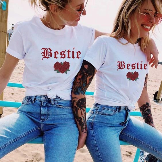 Women Fashion Summer Best Friends T Shirt Summer Short Sleeve Bestie Sister Bff T Shirts 90s Graphic Friend Top Tees Female