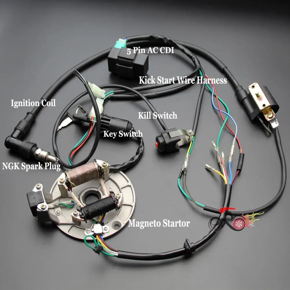 Kick Start Wiring Harness CDI STATOR Ignition Coil Kill Switch Spark Plug 50cc 70cc 110cc 125cc Dirt Pit Bike SDG Coolster KLX