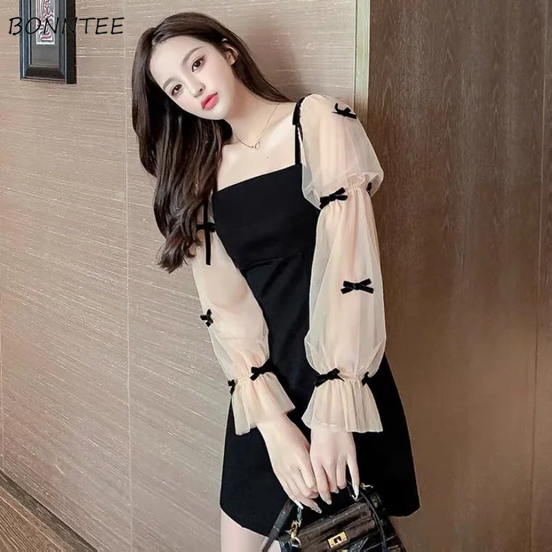 Long Sleeve Dress Women Casual Fashion Bow All-match Patchwork Mini French Style Ladies Square Collar Ins New Temperament Soft