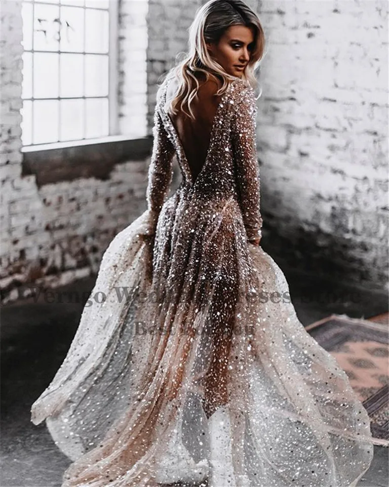 Verngo 2021 Sparkly Light Champagne Wedding Dress Long Sleeves Glitter  Scoop Neck Vestido de noiva Bling A Line Bridal Gowns - AliExpress 320
