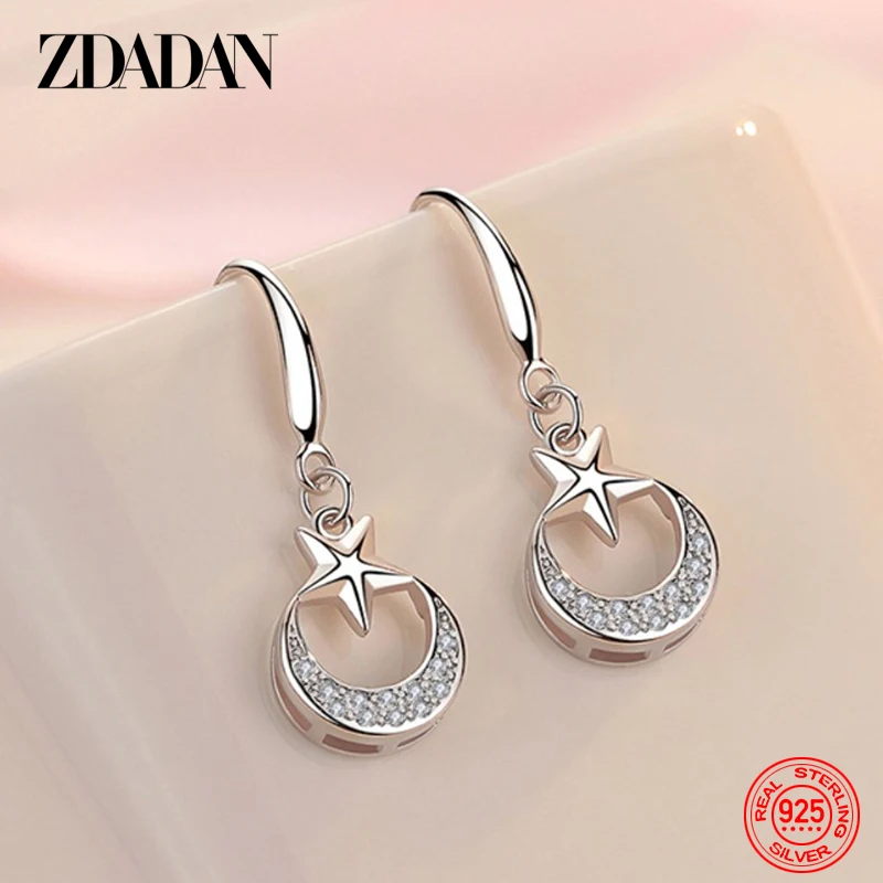 ZDADAN 925 Sterling Silver Star Moon Dangle Earrings For Women Fashion Party Jewelry Accessories