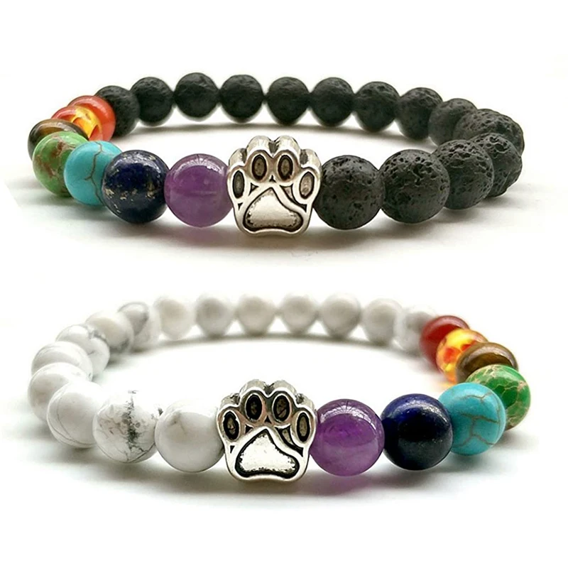 Natuursteen 7 Chakra Hond Poot Charme Lava Rock Mala Kralen Elastische Armband Yoga Meditatie Healing Armband Edelsteen Armband