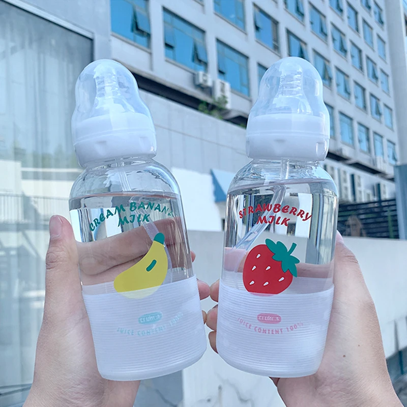 Cute Fruit Water Bottle, Transparent Glass, Creative Fashion, Personality Straw Pattern, Female Student, Couple Portable Cup