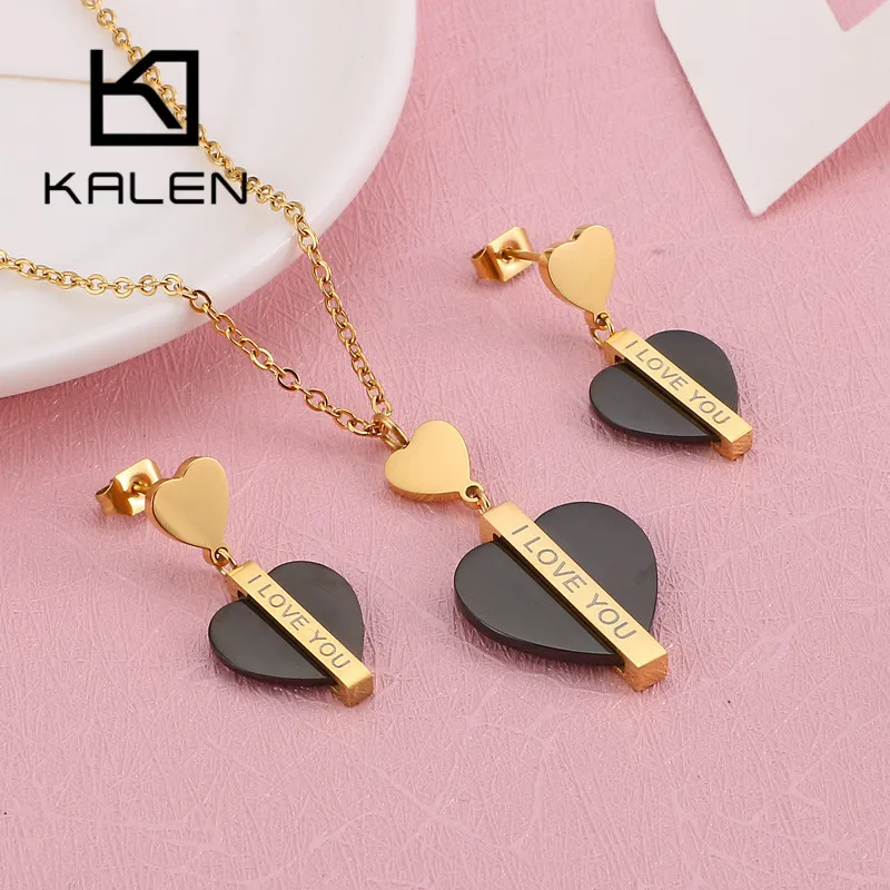 Kalen Romantic Heart Letter I Love You Chain Necklaces Drop Earrings Sets For Women Tri-color Stainless Steel Lady Jewelry Sets