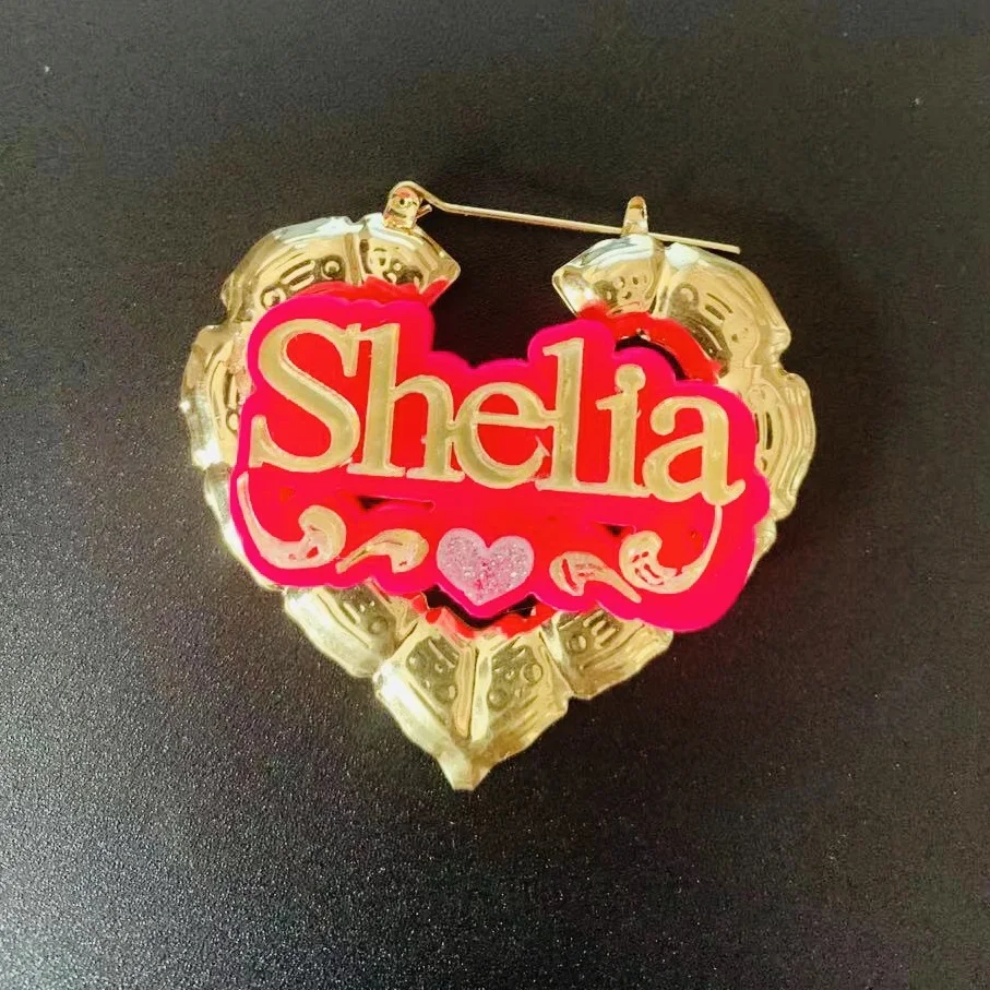 Customized Name Earrings With Heart Double Layers Acrylic Name Bamboo Earrings Personalized Letters Hip Hop Earrings Jewelry