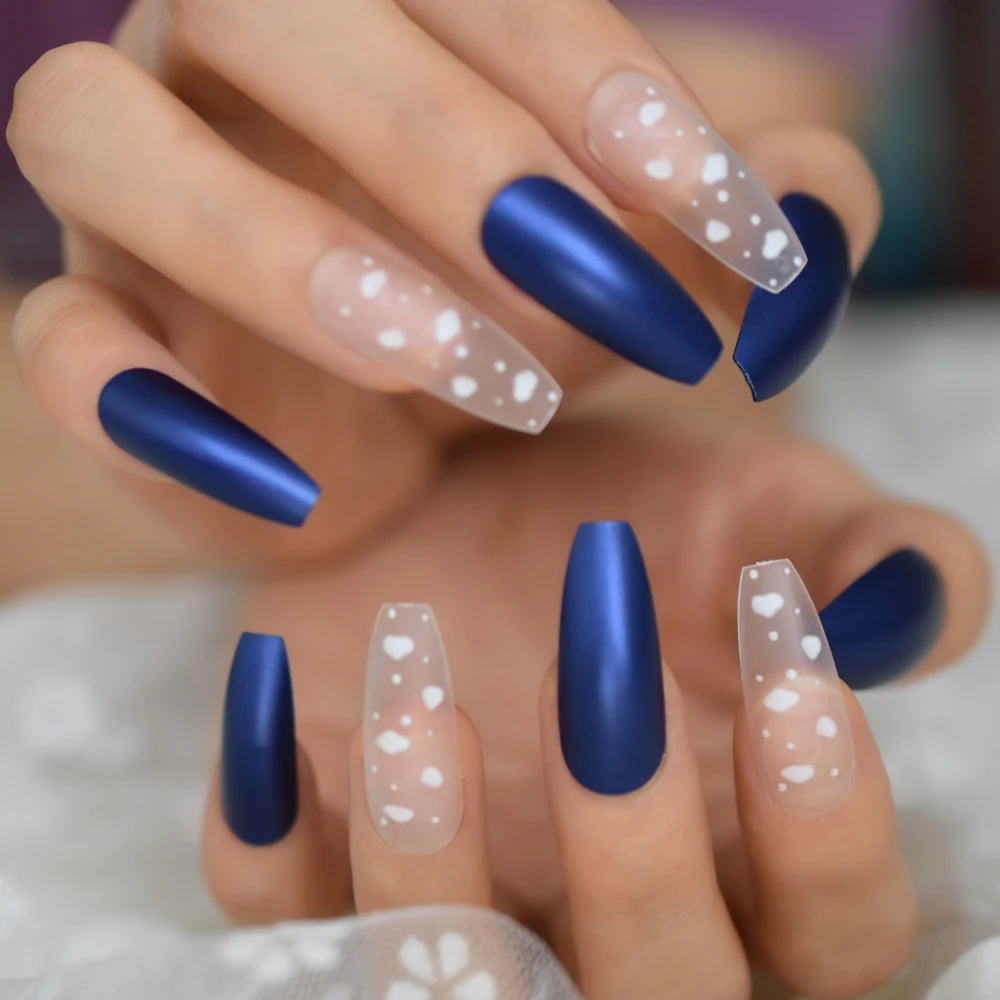 White Sky Cloud Dark Royal Blue Coffin Nails Extra Long Matte Press on Ballerina Frosted False Fake Finger Party nails 24pcs/set