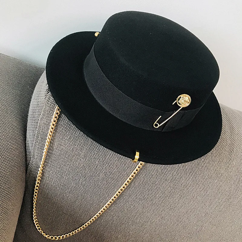 Wide Brim Fedora Hats for Women Dress Hats for Men Black Panama Hat Spring Solid Color Single Side Wool Felt Jazz Fedora Hats