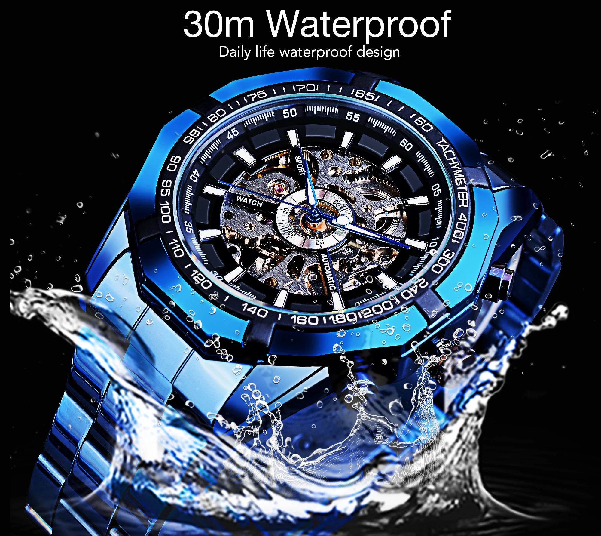 Forsining Mechanical Men\'s Wristwatch Skeleton Hollow Automatic Watch 3Bar Stainless Steel Men Watches Blue Fashion Reloj Hombre