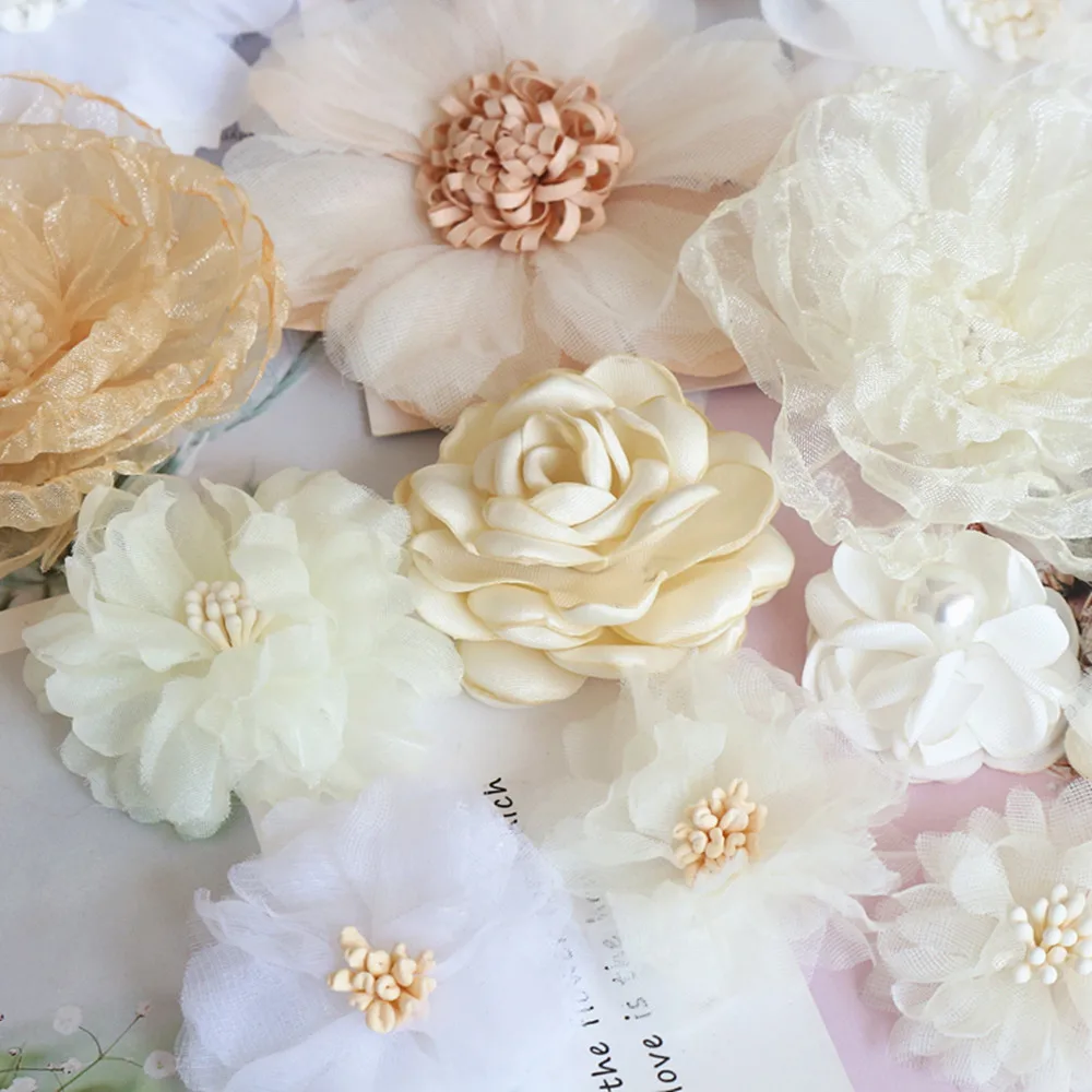 10PCS/Lot Beige Series Camellia Rose Chiffon Fabric Artificial Flower Head For Wedding Dress Clothing Decoration Headdress