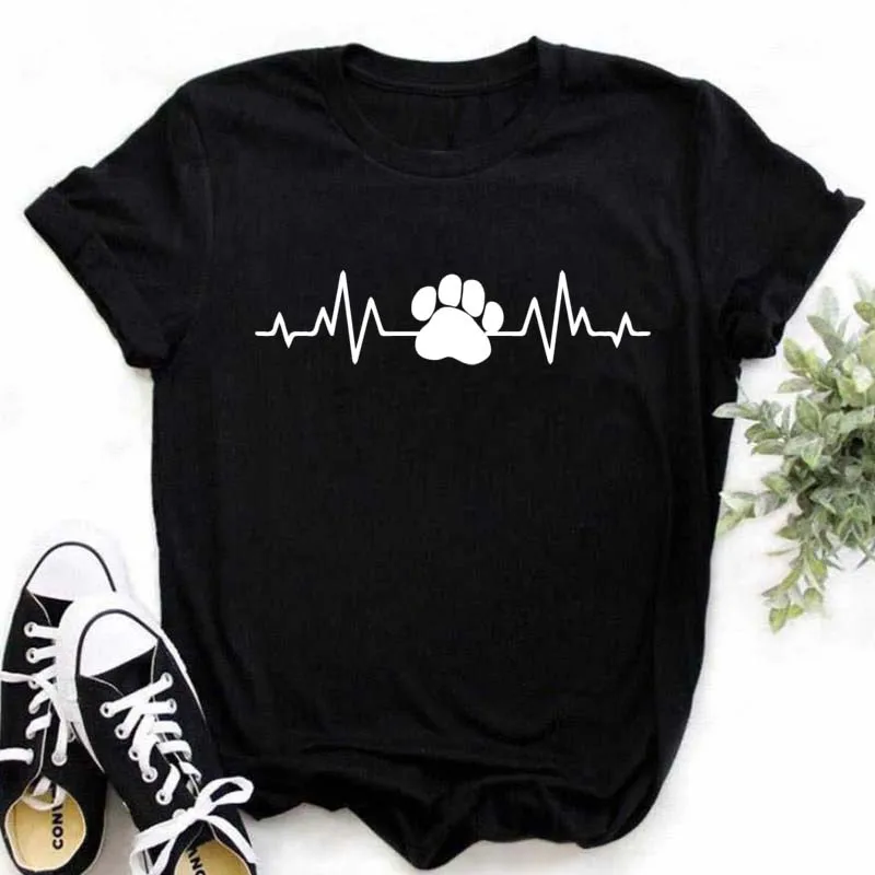 Women Dogs Paws Love Heart Printed T-shirts Fashion Summer Short Sleeve Lady Womens Clothes Tops T-Shirt Black Shirt Tees Female