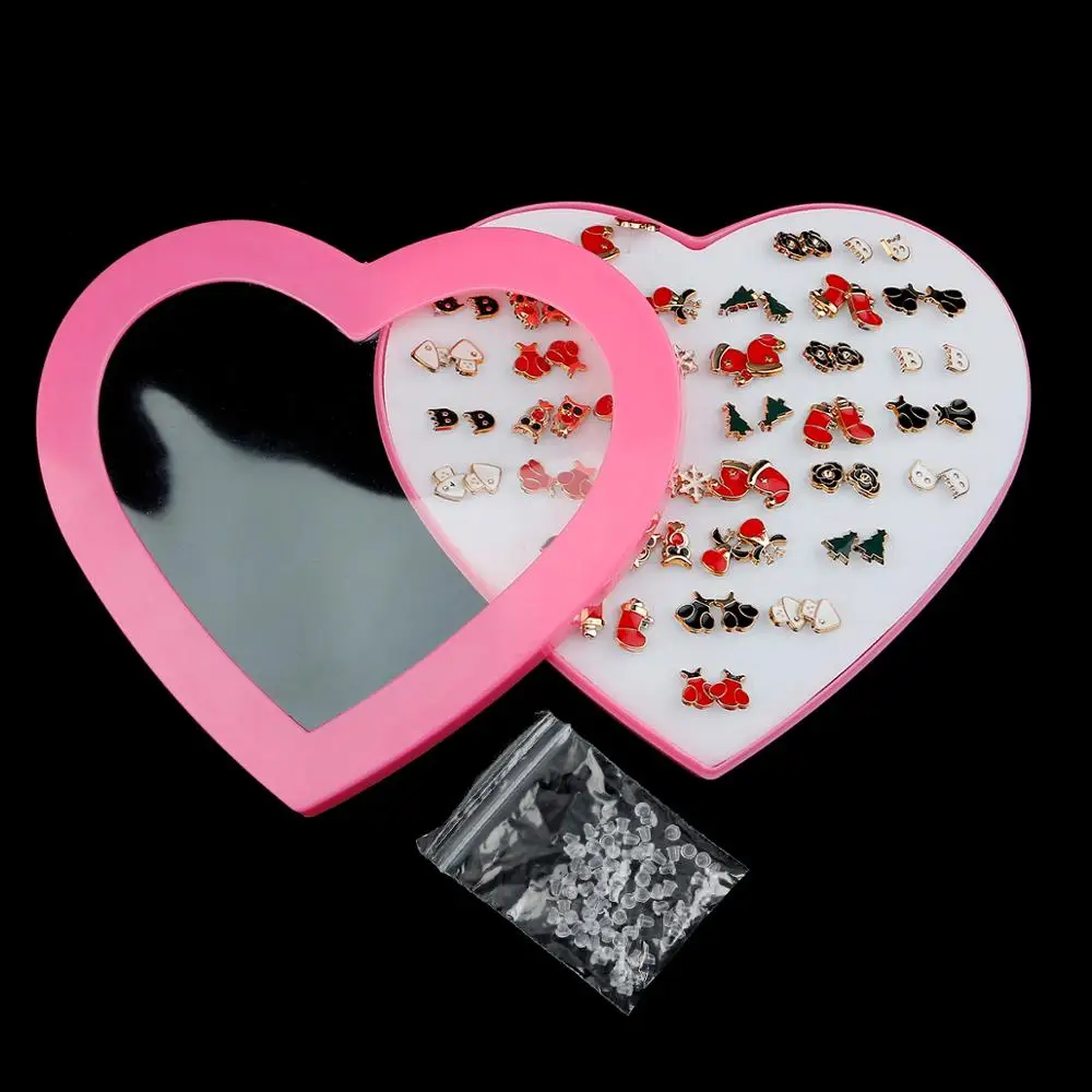 36Pairs Mix Mini Cryatal Flower Clay Earring Stud Set Fruit Cartoon Hypoallergenic Plastic Earrings For Child With Heart Box