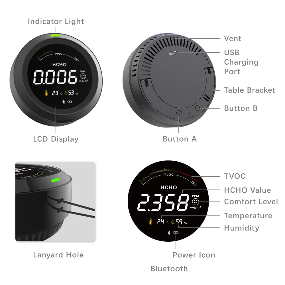 جهاز استشعار الرطوبة HCHO TVOC مزود بحبل لتثبيت السيارة من فابيسينس Mi جهاز مراقبة جودة الهواء المنزلي جهاز كشف الفورمالديهايد مزود ببلوتوث طوله 3 متر