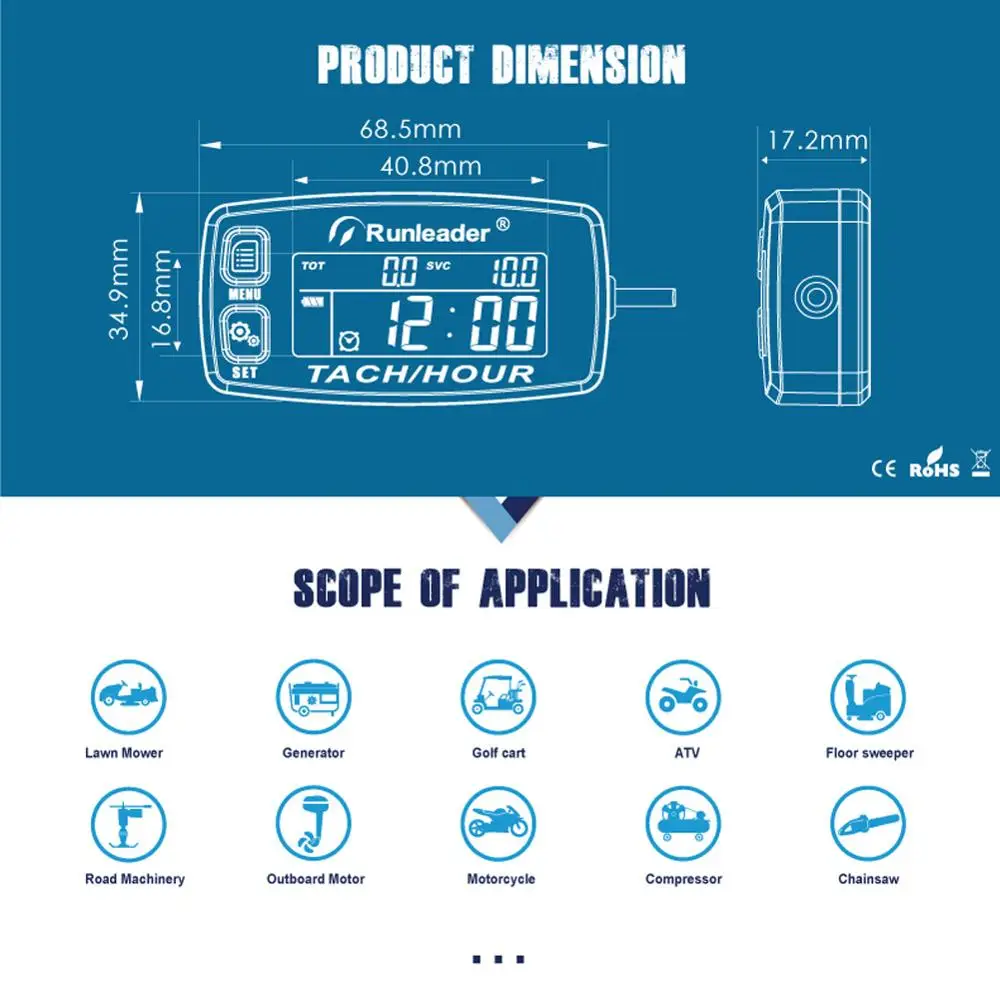 Induktive Drehzahl messer Motor Stunden zähler Alarm U/min Hintergrund beleuchtung rücksetzbare Tacho-Stunden zähler für Motorrad ATV Rasenmäher