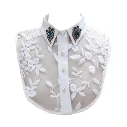 Women Faux Crystal Lapel Detachable Half-Shirt Imitation Pearls Lace Fake Collar F3MD