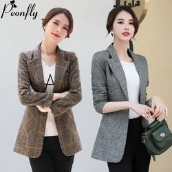 PEONFLY Vintage Office Lady karbowany kołnierzyk Plaid Women Blazer zapinany na jeden guzik jesienna kurtka 2022 casualowe kieszenie damskie garsonki płaszcz