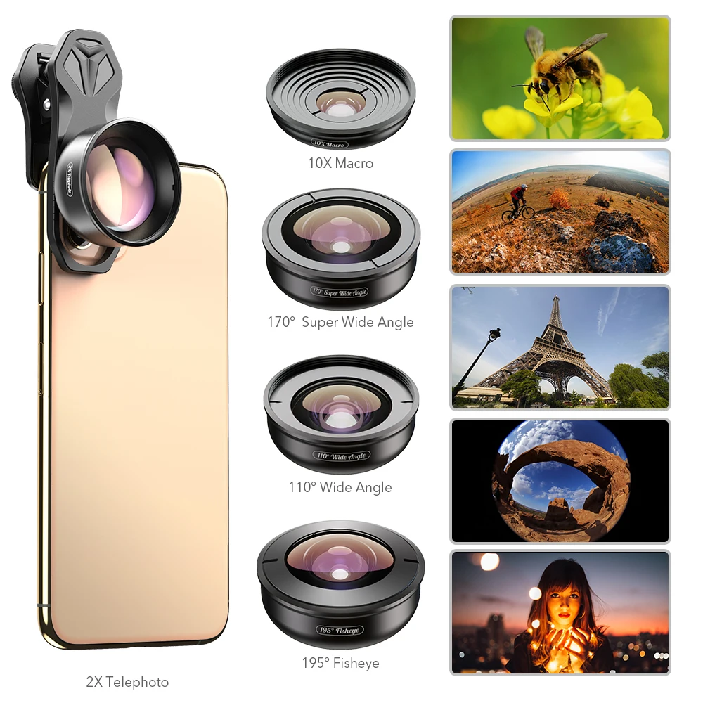 APEXEL 4K Lens Kit 5 in 1 Camera Portrait Wide Macro Lens Super Fisheye Lens CPL Filter for Mobile iPhone Samsung all cellphones