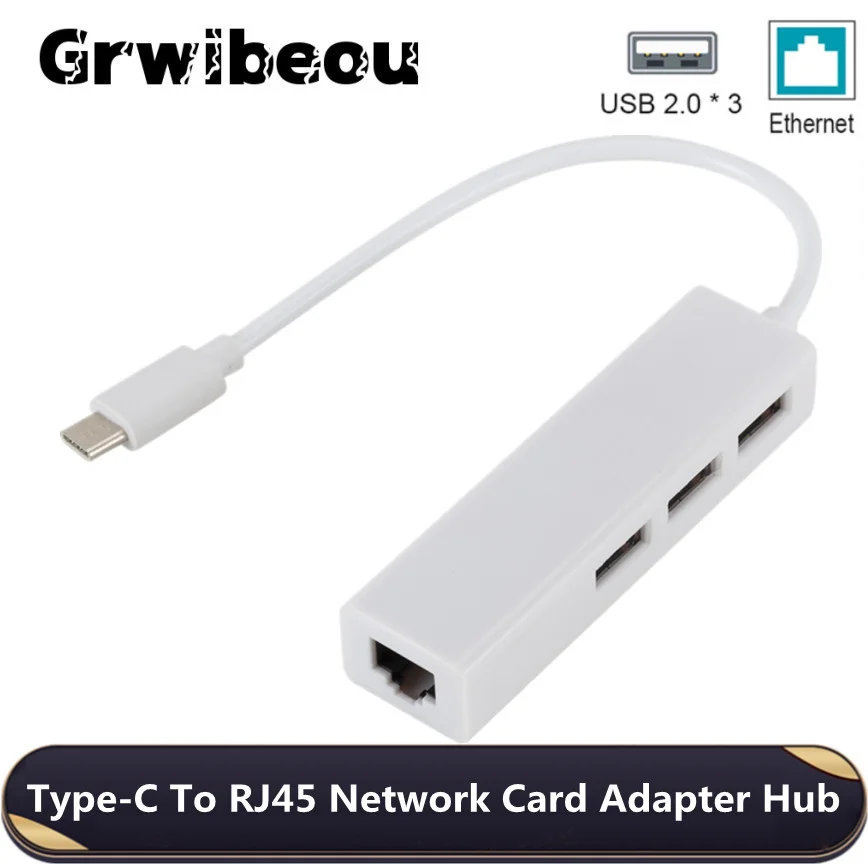 Grwibeou USB 2.0 3 Port Hub USB + USB Tipe C 2.0 Lan Rj45 Kabel Adaptor Jaringan Ethernet Hub Data Kecepatan Tinggi Portabel untuk Laptop