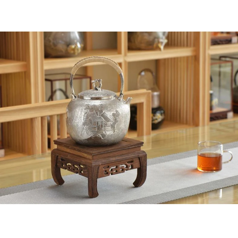 Silver pot 999 sterling silver handmade tea set Japanese retro teapot kettle home tea ceremony Kungfu tea set 800ml