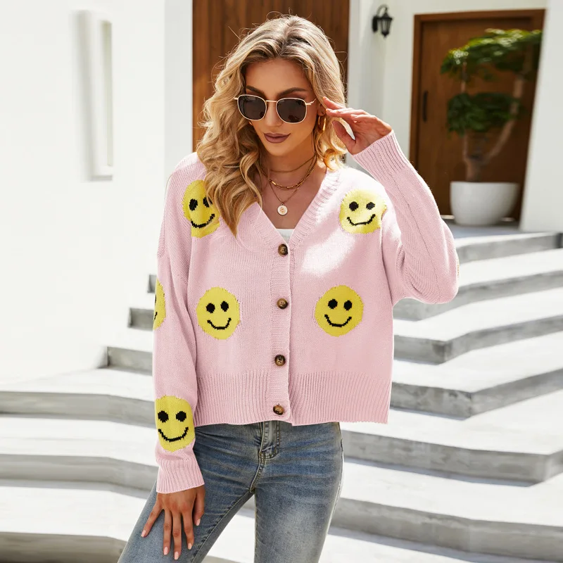 Women\'s Smiling Face Cardigan Autumn Winter New Female\'s Long Sleeve V Neck Single Breasted Knitted Shirt Casual Loose Knitwear