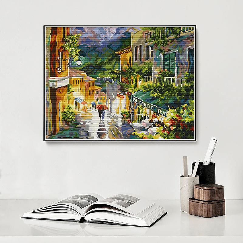 Street View in the Rain Joy Sunday Cross Stitch Kit 11CT 14CT Canvas Printed Fabric Needlework Embroidery Kit Home Decor Gifts