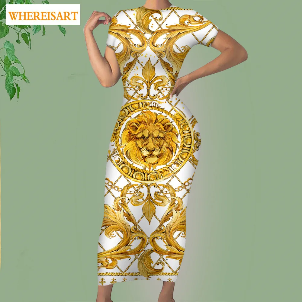 

WHEREISART Golden Europe Floral Printed Designer Dress Women Luxury 2021 Ladies Short Sleeve Long Pencil Vestidos Dropshipping