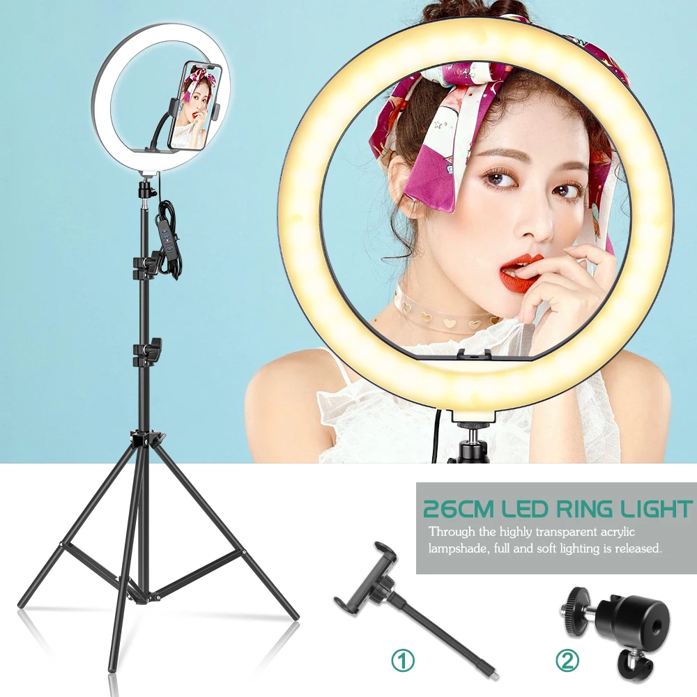 

10in LED Photography Lighting Ring Light With Tripod Stand Selfie Fill Lamp USB Charge Dimmable For Youtube Photo Studio Makeup