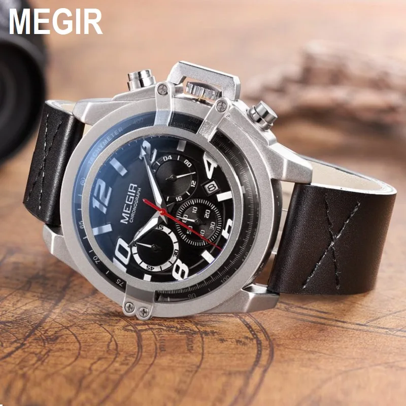 MEGIR official Men\'s Fashion Sport Watches Men Chronograph Quartz Clock Man Leather Military Waterproof Watch Relogio Masculino