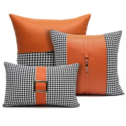 30x50/45/50cm luxury orange pu leather cushion cover pillowcase waist pillow cover black white houndstooth pillow cover buckle