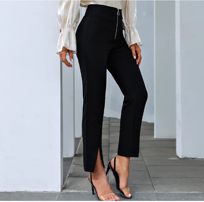 2022 Elegant Women Sexy Pants High Waist Black Split Slim Autumn Office Ladies Casual Trouser Fashion Flare Slit Pant Black