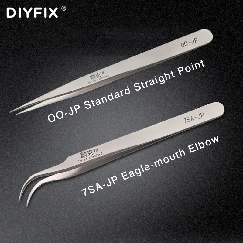 DIYFIX Stainless Steel Tweezers For Electronic Industrial Caved Straight Tweezers Precision Repairing Hand Tool Sets