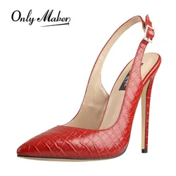 Onlymaker kobiety 12CM Slingback wysokie czółenka w kolorze czerwonym szpiczasty nosek pasek na kostkę duże rozmiary modne sandały