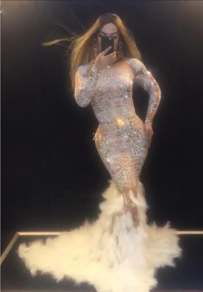 Dropshipping Long Celebrity Dresses Sparkly Rhinestones Feather Nude Dress Sexy Nightclub Birthday party outfit stage costume