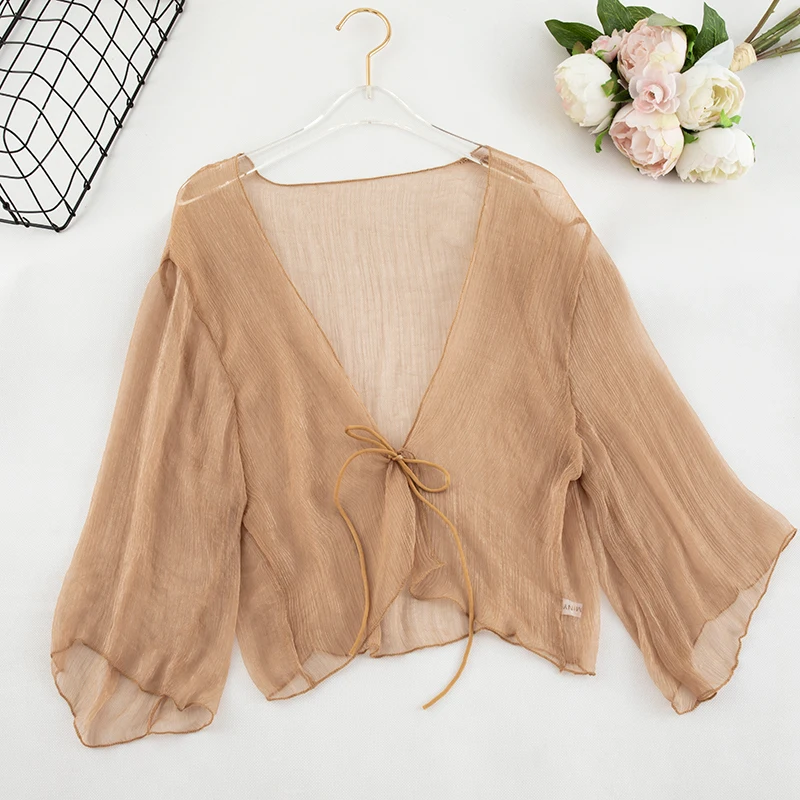 JANZHISAN Chiffon Front Tie Top Women Sheer Chiffon Flare Sleeve Beach Cover Up Top Sun Protective Clothing Chiffon Blouse